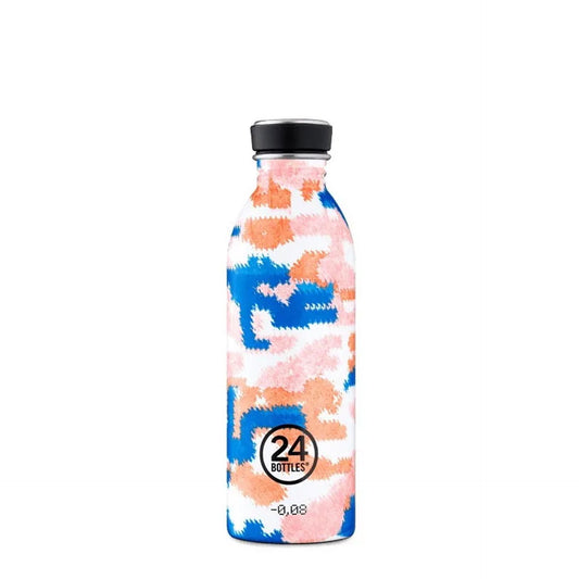 Vibrant patterned 24Bottles borraccia, a stylish reusable water bottle with a sleek design.