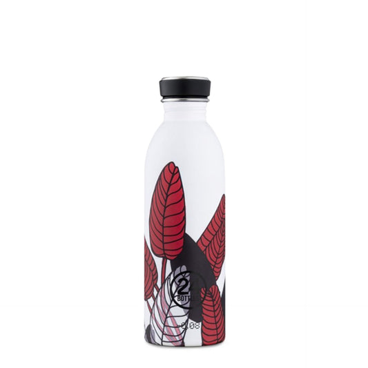 Sleek white 24Bottles Urban Bottle with vibrant red leaf pattern design, perfect for on-the-go hydration.