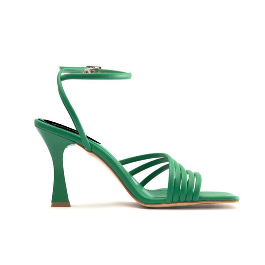 Strappy green leather sandals with high heels, displayed on plain white background. Sofybrands Fashion Outlet
